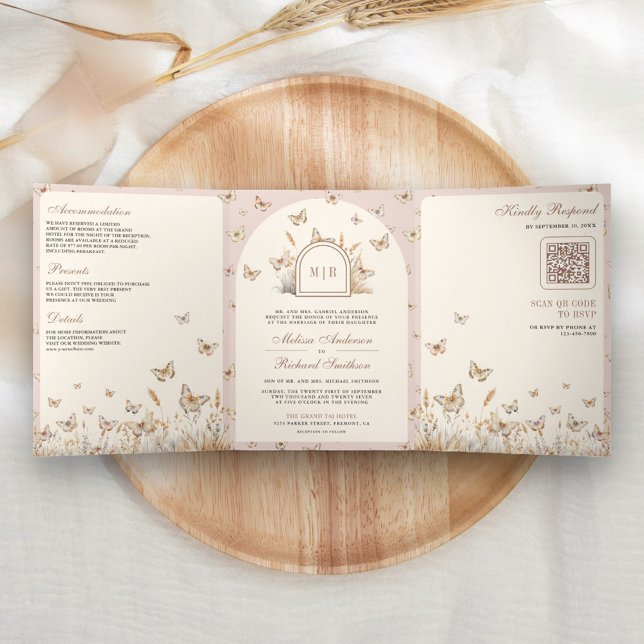 Convite Com Dobra Tripla Arco de Casamento Borboleta de Flor Silvestre Crem (Criador carregado)