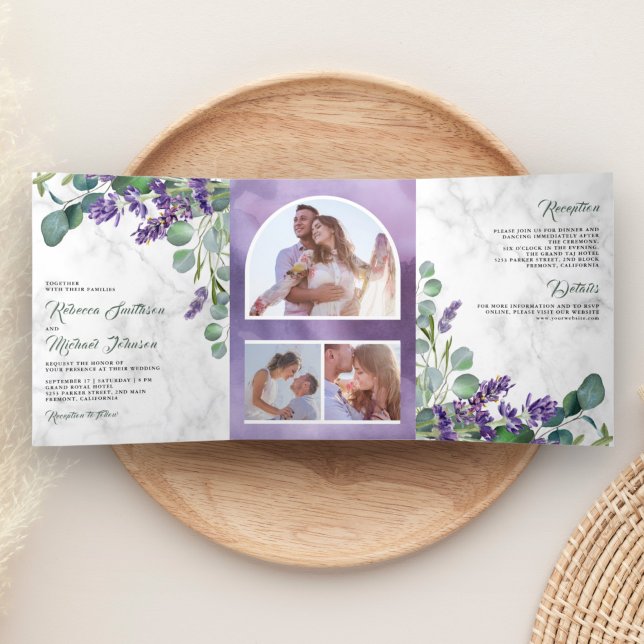 Convite Com Dobra Tripla Arco de Casamento com Lavanda Rústica e Eucalipto (Criador carregado)