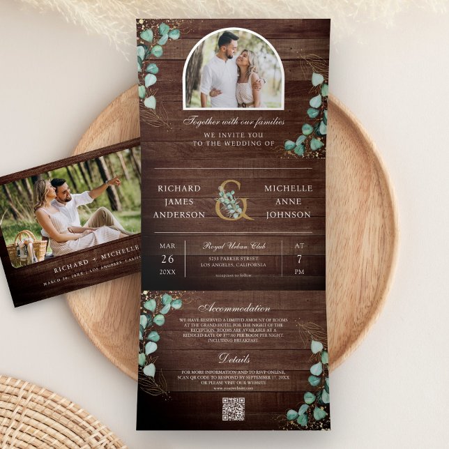 Convite Com Dobra Tripla Arco de Eucalipto Foto Código QR Casamento de Made (Criador carregado)