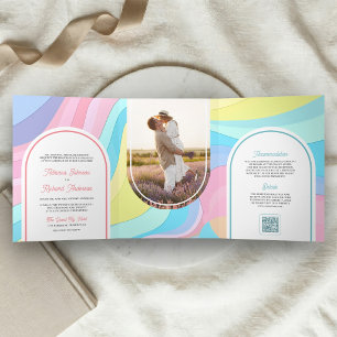 Convite Com Dobra Tripla Arco-íris Pastel Retrô Foto Código QR Casamento