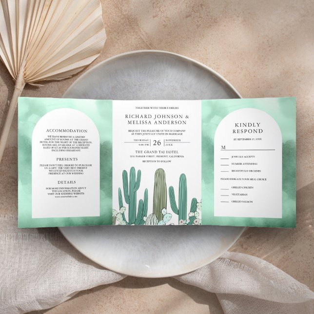 Convite Com Dobra Tripla Arco Verde-Menta Todos em Um Casamento de Cactus n (Criador carregado)