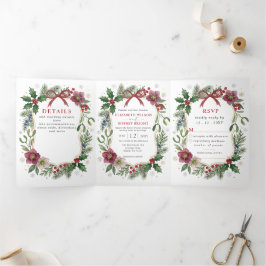 Convite Com Dobra Tripla Arco Vermelho Botânico Floral Inverno Natal Casame