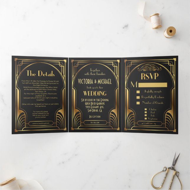Convite Com Dobra Tripla Art Deco Nouveau Wedding (Dentro)