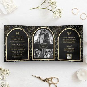 Convite Com Dobra Tripla Arte de Linha Preta Arco Borboleta Casamento Doura