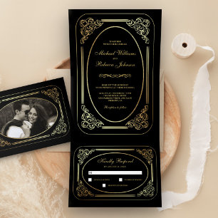 Convite Com Dobra Tripla Arte Deco Vintage Preto e Dourado para Casamento C