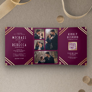 Convite Com Dobra Tripla Arte Geométrica Art Déco Dourado Ameixa Código QR