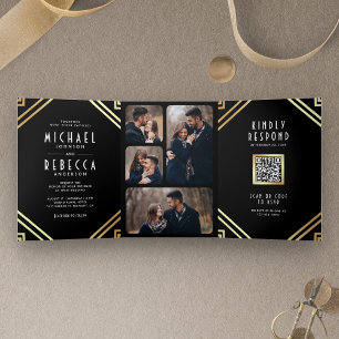 Convite Com Dobra Tripla Arte Geométrica Deco Código QR Dourado Preto Casam
