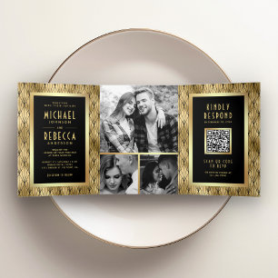 Convite Com Dobra Tripla Arte Geométrico Art Déco Código QR Preto Dourado C