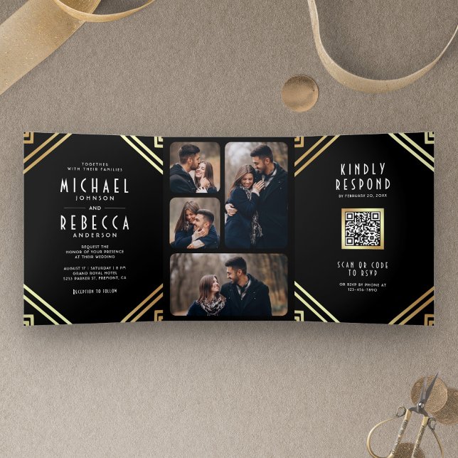 Convite Com Dobra Tripla Arte Geométrico Art Déco Código QR Preto Dourado C (Criador carregado)