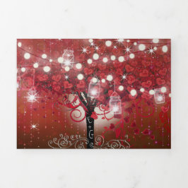 Convite Com Dobra Tripla Árvore de Folha de Coração Vermelha e Rosa no Casa