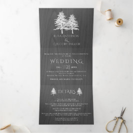 Convite Com Dobra Tripla Árvores brancas em relevo no casamento no inverno 