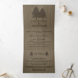 Convite Com Dobra Tripla Árvores castanhas em casamento no inverno de madei