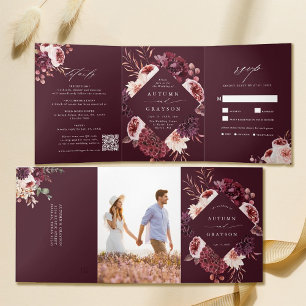 Convite Com Dobra Tripla Autumn Romance Watercolor Floral Wedding Burgundy