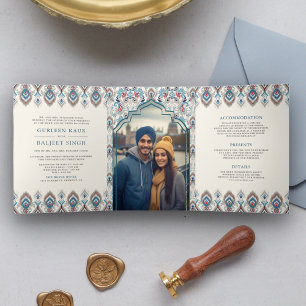 Convite Com Dobra Tripla Azul Cinza Ikat All in One Anand Karaj Casamento S