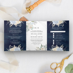 Convite Com Dobra Tripla Azul Empoeirado Marfim Floral Tudo em Um Casamento