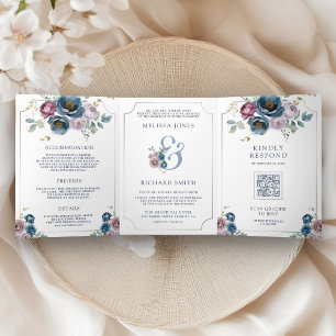Convite Com Dobra Tripla Azul empoeirado Mauve Roxo Floral E comercial Casa