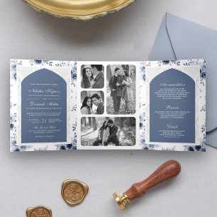 Convite Com Dobra Tripla Azul Floral Empoeirado Tudo em Um Renda Casamento 