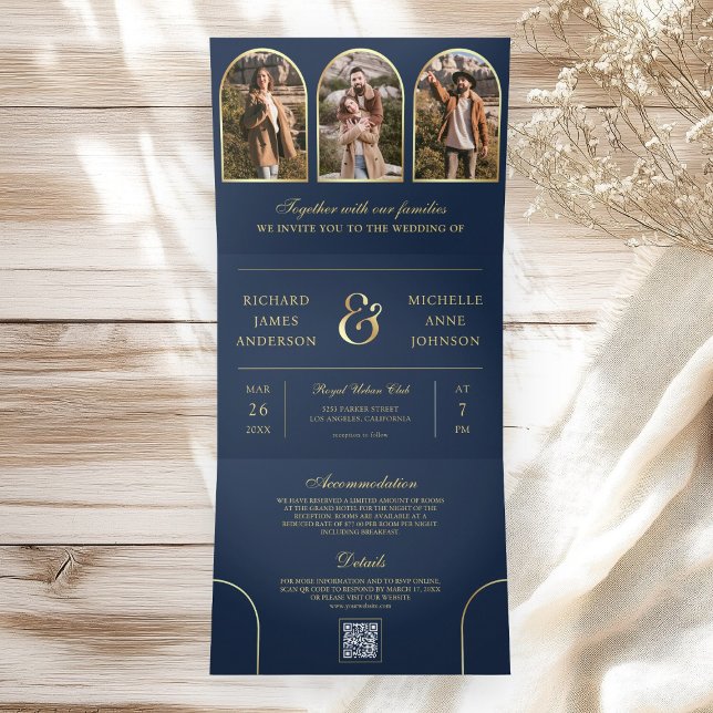 Convite Com Dobra Tripla Azul Marinho Dourado Arco Mínimo Foto Código QR Ca (Criador carregado)