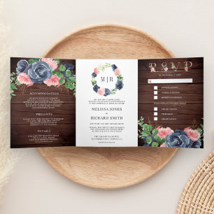 Convite Com Dobra Tripla Azul Marinho e Rosa Bege Floral Casamento de Madei