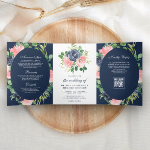 Convite Com Dobra Tripla Azul Marinho Escuro Rosa Floral Código QR Casament