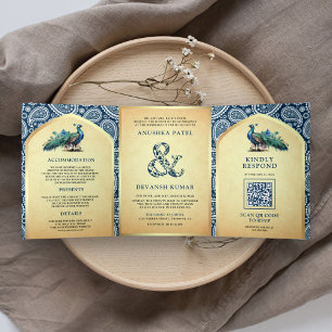 Convite Com Dobra Tripla Azul Marinho Paisley Pavão Indiano Código QR Casam