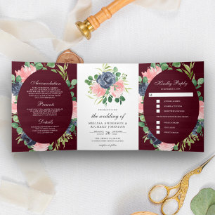 Convite Com Dobra Tripla Azul Naval e Rosa Floral Borgonha Casamento