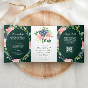 Convite Com Dobra Tripla Azul Naval Rosa Floral Código QR Casamento Esmeral
