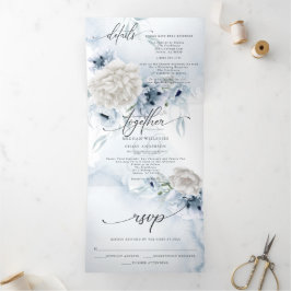 Convite Com Dobra Tripla Azul-Vidro Floral TUDO EM UM CASAMENTO