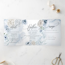 Convite Com Dobra Tripla Azul-Vidro Floral TUDO NUM CASAMENTO 2