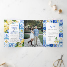 Convite Com Dobra Tripla Azulejos Azuis do Mediterrâneo / Casamento de Limõ
