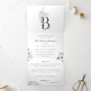 Convite Com Dobra Tripla "B" Monograma Bela Casamento Floral Escrito
