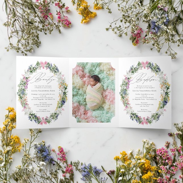 Convite Com Dobra Tripla Batismo bilíngue espanhol Bautizo (Criador carregado)