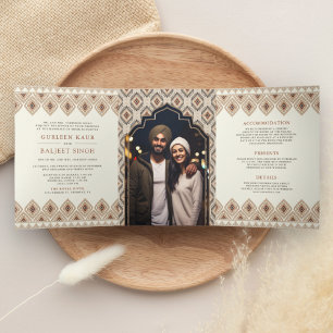 Convite Com Dobra Tripla Bege Ikat Tudo em Um Anand Karaj Casamento Sikh