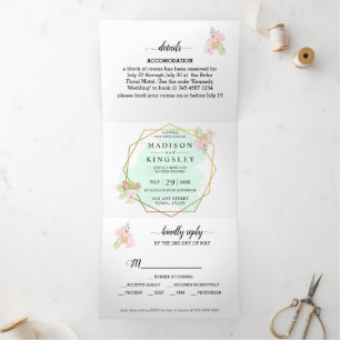 Convite Com Dobra Tripla Belo Verde limão Elegante Boho Casamento