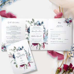 Convite Com Dobra Tripla Berry Burgundy Blue All in One Wedwith RSVP T
