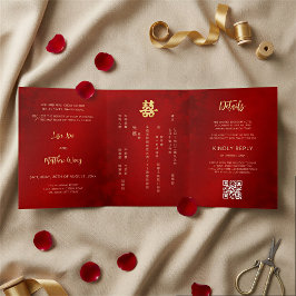 Convite Com Dobra Tripla BILÍNGUE Casamento Dourado Vermelho Chinês