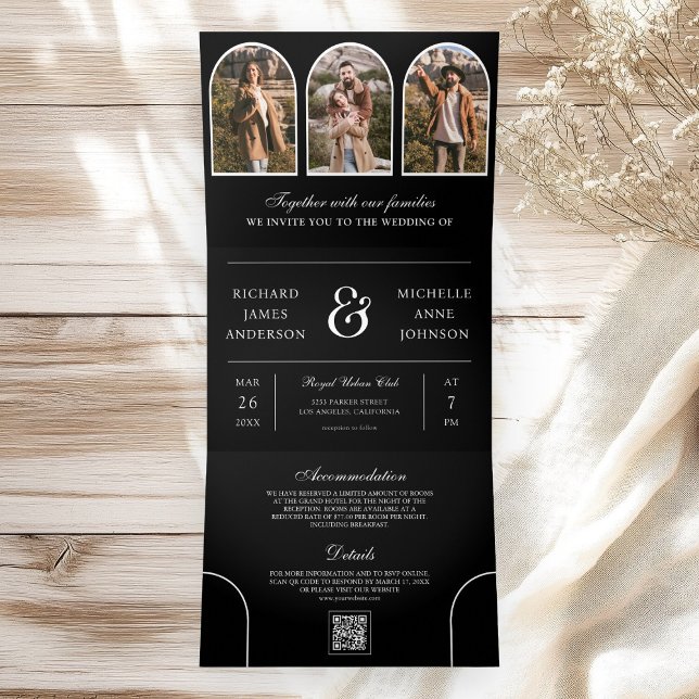 Convite Com Dobra Tripla Black and White Minimal Arch Photo QR code Wedding (Criador carregado)