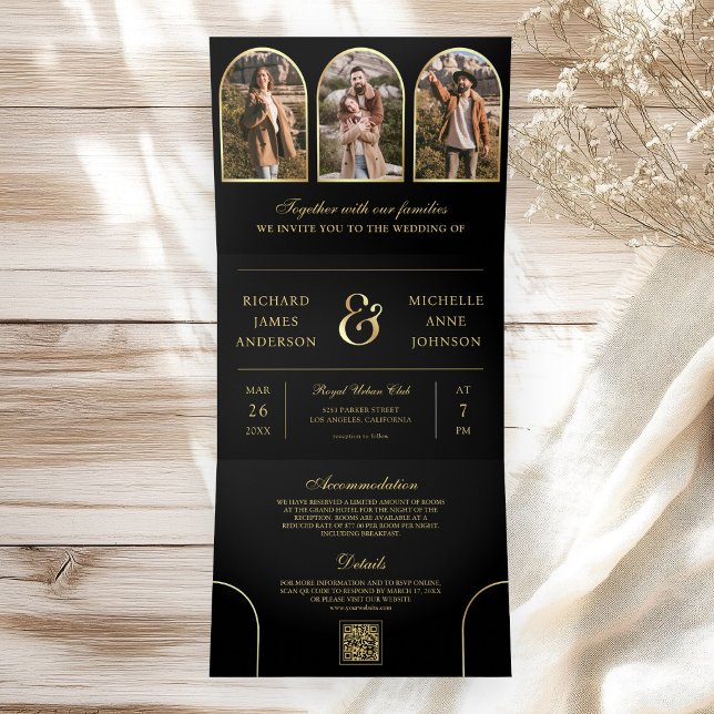 Convite Com Dobra Tripla Black Gold Minimal Arch Photo QR code Wedding (Criador carregado)