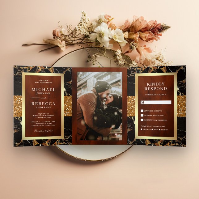 Convite Com Dobra Tripla Black Marble Dourado Glitter Terracotta Casamento (Criador carregado)