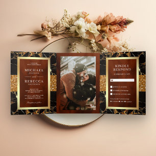 Convite Com Dobra Tripla Black Marble Dourado Glitter Terracotta Casamento