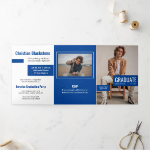 Convite Com Dobra Tripla Blocos de Graduação de Quatro Fotos Azul