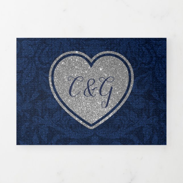Convite Com Dobra Tripla Blue Damask Silver Heart All in One Wedding (Cobrir)