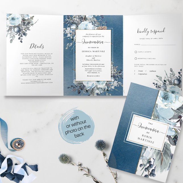 Convite Com Dobra Tripla Blue Floral All in One Quinceañera com RSVP (Criador carregado)
