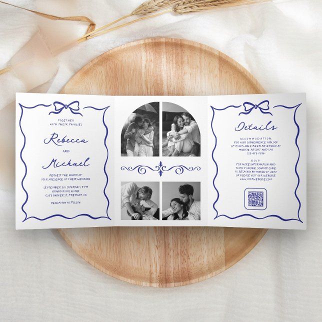 Convite Com Dobra Tripla Blue Hand Drawn Bow QR Code Photo Wedding (Criador carregado)