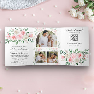 Convite Com Dobra Tripla Blush Pink Floral All in One QR Code Casamento