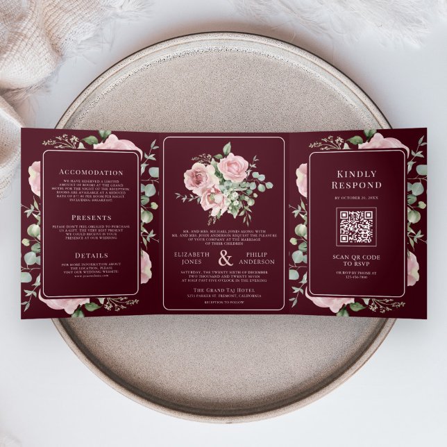 Convite Com Dobra Tripla Blush Pink Floral Eucalyptus Burgundy Wedding (Criador carregado)