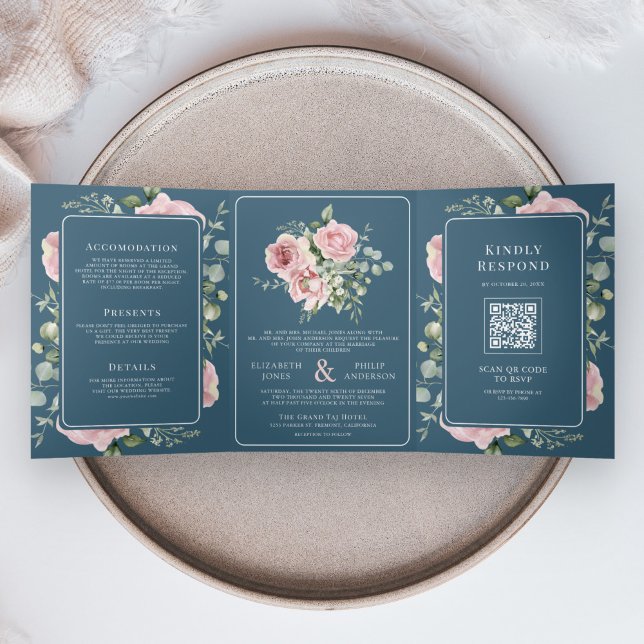 Convite Com Dobra Tripla Blush Pink Floral Eucalyptus Dusty Blue Wedding (Criador carregado)