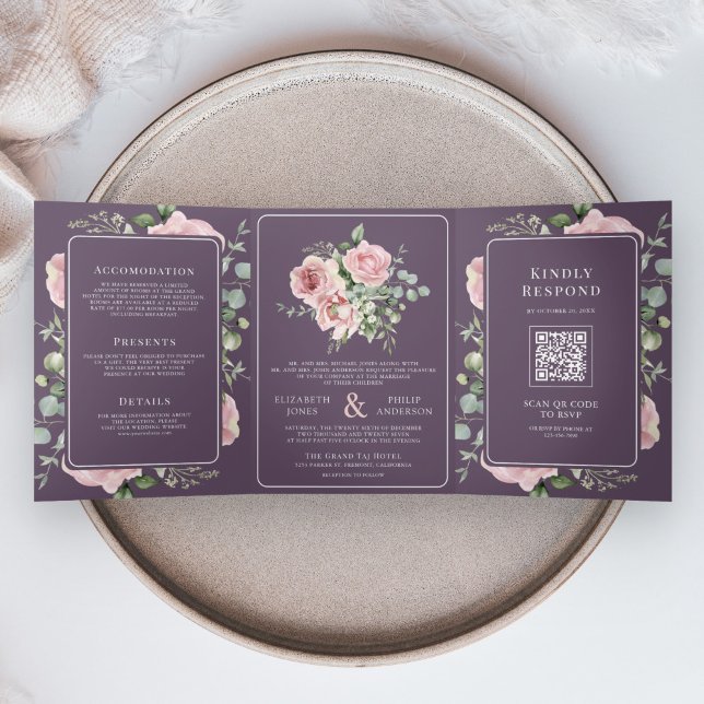 Convite Com Dobra Tripla Blush Pink Floral Eucalyptus Dusty Purple Wedding (Criador carregado)