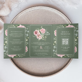 Convite Com Dobra Tripla Blush Pink Floral Eucalyptus Sage Green Wedding
