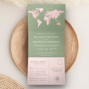 Convite Com Dobra Tripla Blush Pink World Map Sage Green All in One Wedding